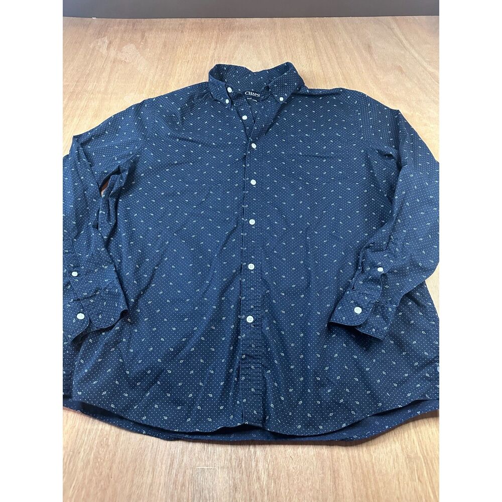 Chaps Mens Button Down Shirt XXL Blue Floral Dot Print Cotton Blend